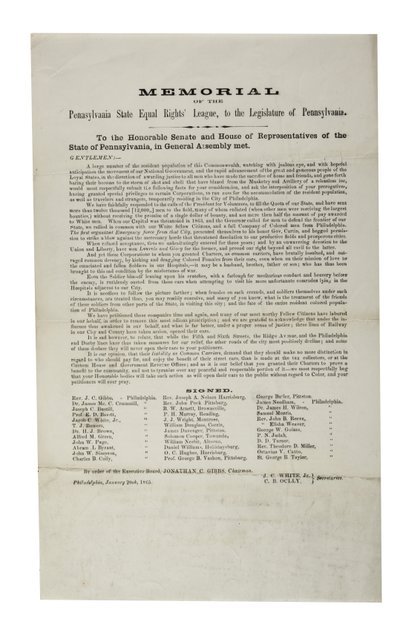 Pennsylvania State Equal Rights League, mindesmærke for Pennsylvania State Equal Rights League, til den lovgivende forsamling i Pennsylvania, 20. januar 1865 af American School