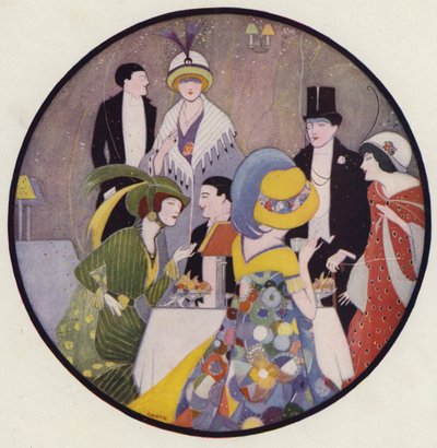 Folk hygger sig efter et skuespil, en scene fra novellen After The Play af J. A. Waldron (farvelitografi) af American School