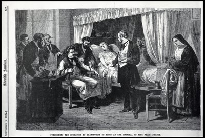 Udførelse af operationen af transfusion af blod på Hospital of Pity, Paris, Frankrig, illustration fra den amerikanske videnskabsmand af American School