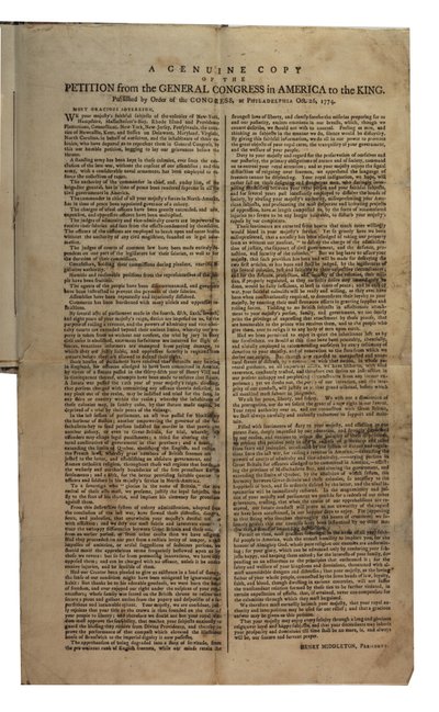 Andragende fra generalkongressen i Amerika til kongen, kontinental kongres, 26. oktober 1774 af American School