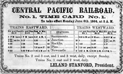 Fotografisk tryk af Central Pacific Railroad Companys originale køreplan for 6. juni 1864, 1864 af American School