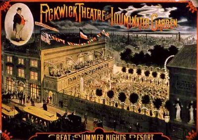 "Pickwick Theatre Illuminated Garden" (litografi i farver) af American School