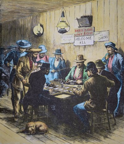 Spiller Faro i en salon i Cheyenne, Wyoming, ca. 1870 (farvet gravering) af American School
