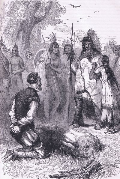 Pocahontas redder kaptajn Smiths liv, illustration fra Cassell