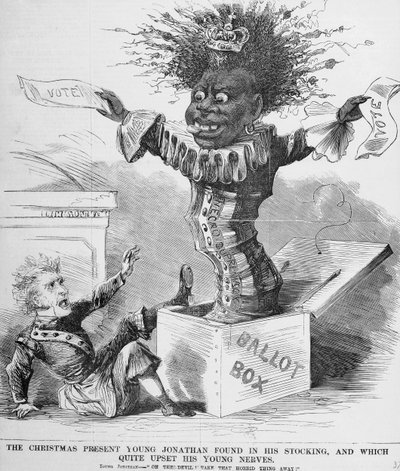 Politisk tegneserie, der skildrer præsident Andrew Jackson (1767-1845), der er skræmt over udsigten til den sorte stemme i Amerika af American School