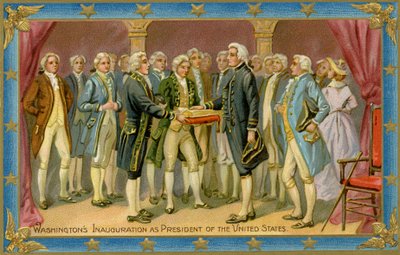 Postkort, der viser George Washingtons præsidentindsættelse (tryk) af American School