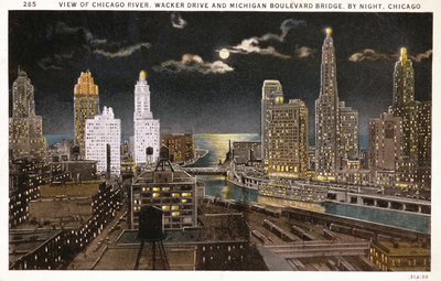 Postkort af Chicago by night, ca. 1930 af American School