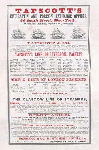 Plakatannoncering Tapscotts Emigration and Foreign Exchange Offices, New York, januar 1859 af American School