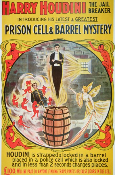 Plakat, der reklamerer for en ny handling af Houdini (farve litho) af American School