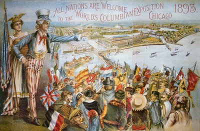 Plakat, der reklamerer for verdens colombianske udstilling, Chicago 1893 (farve litho) af American School