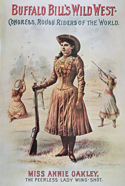Plakat for Buffalo Bills (1846-1917) Wild West Show, med Annie Oakley (1860-1926) ca. 1899 (farve litho) af American School