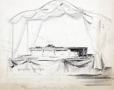 Præsident Abraham Lincolns kiste ligger i staten i Det Hvide Hus, Washington D.C., april 1865 (blyant, blæk og vask på papir) af American School