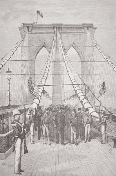 Præsident Chester A. Arthur ved åbningsceremonien for den nye Brooklyn Bridge, 24. maj 1883 (litho) af American School