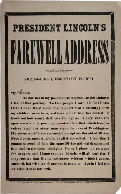 Præsident Lincolns farveltale til sine gamle naboer, Springfield, 12. februar 1861 af American School