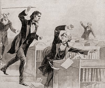 Preston Smith Brooks, en ivrig fortaler for slaveri, overfaldt senator Charles Sumner, en abolitionist, med en stok på gulvet i det amerikanske senat den 22. maj af American School