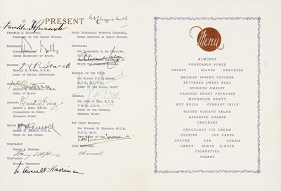 Printed menu signed by Winston Churchill and Franklin D. Roosvelt, U.S Flagship Augusta, Ship