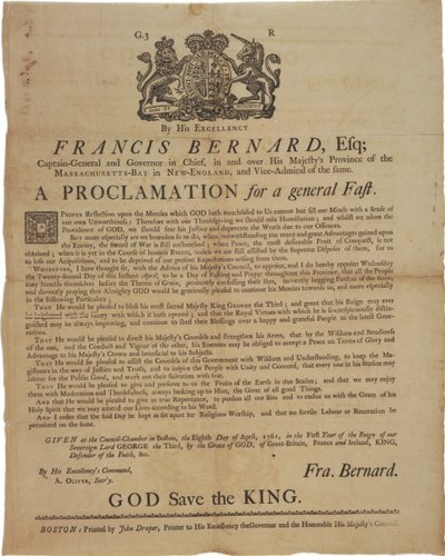 Proklamation i navnet på Francis Bernard, guvernør i Massachusetts Bay: annoncerer en fastedag under den franske og indiske krig, 8. april, 1761 af American School