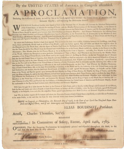 Proklamation af Kongressen, der erklærer ophør af våben og afslutning på krigen, 24. april 1783 af American School