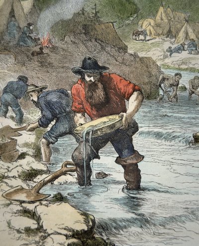 Prospektører, der panorerer efter guld under det californiske guldfeber i 1849 (farvet indgravering) af American School
