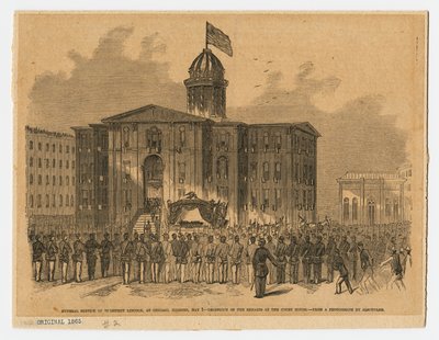 Reception i retsbygningen under Abraham Lincolns begravelse, Chicago, Illinois af American School