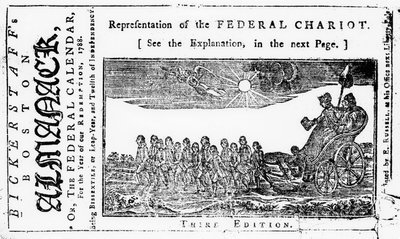 Repræsentation af Federal Chariot, forsideillustration fra Bickerstaffs Boston Almanack, udgivet 1788 af American School