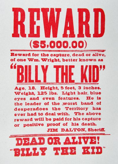 Belønningsplakat for Billy the Kid (1859-81) (litho) af American School