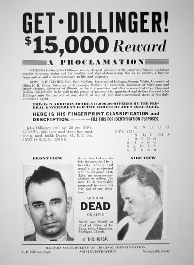 Belønningsplakat til John Dillinger af American School