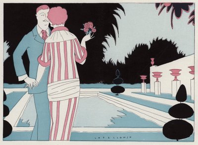 Romantisk par, der holder hinanden i hånden ved poolen, en scene fra novellen Prospective Honeymooners af J A Waldron (farvelitografi) af American School
