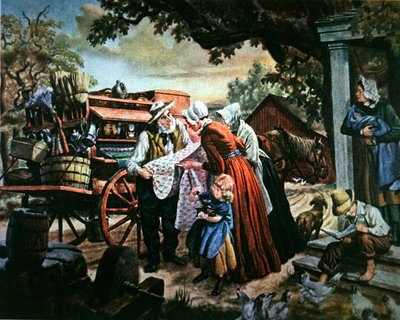 Landdistrikternes Amerika i det 19. århundrede: den rejsende sælger af husholdningsartikler (farve litho) af American School