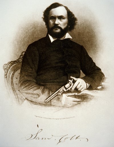 Samuel Colt holder en af sine percussion revolvere (gravering) af American School