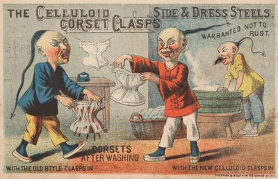 Scene i et kinesisk vaskeri, reklame for celluloid-korsetspænder af American School