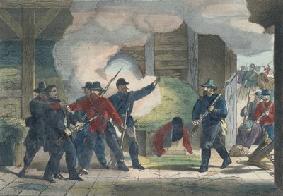 Seizure and Death of the Murderer Wilkie Booth, ca. 1865 (farvetryk) af American School