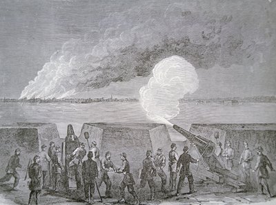 Belejring af Charleston, byen, der brænder under bombardement, 3. januar 1864, fra Harper