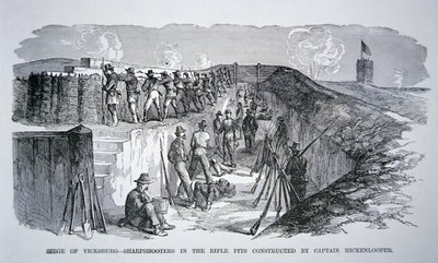 Siege of Vicksburg - Skarpskytter i riffelgravene konstrueret af General Hickenlooper (gravering) af American School