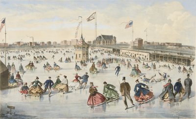 Skøjteløb på Union Pond, pub. 1863 (farve litho) af American School
