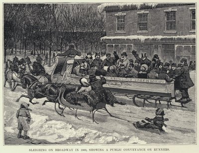 Kane på Broadway i 1860, der viser en offentlig transport på løbere (litho) af American School