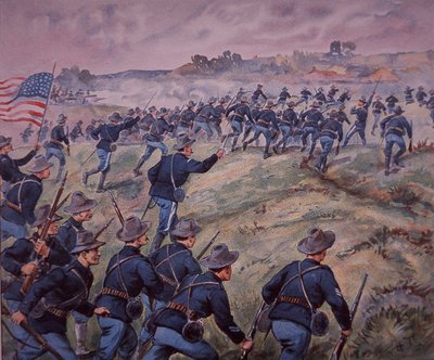 Spansk-amerikansk krig 1898, amerikanske tropper stormer San Juan Heights i Cuba (farve litho) af American School
