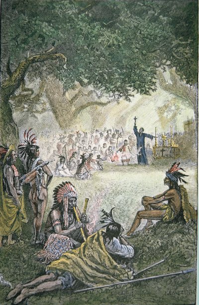 Spanske jesuittermissionærer omvender indianere i Californien i det 17. århundrede (farve litografi) af American School