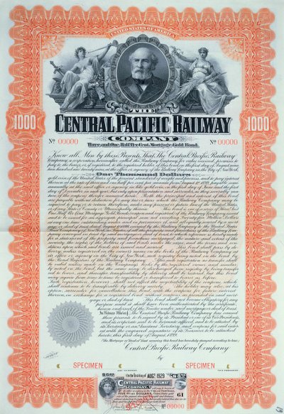 Eksempler på obligationscertifikat på 1000 dollars for Central Pacific Railway Company Company, 1899 af American School