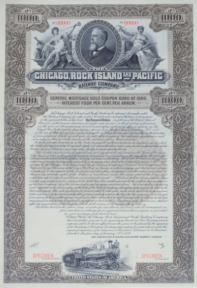 Eksempler på obligationscertifikat for 1000 dollars for Chicago, Rock Island and Pacific Railway Company, 1898 af American School