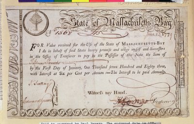 State of Massachusetts Bay gældsbrev, siges at være indgraveret af Paul Revere (1735-1818) 1779 af American School