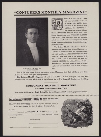 Abonnementsformular til Conjurers Monthly Magazine, chefredaktør Harry Houdini (litho) af American School