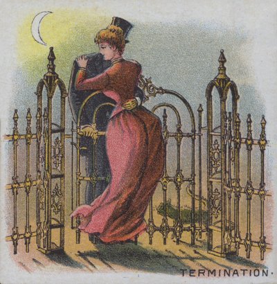 Opsigelse - et par, der omfavner ved en havelåge i slutningen af en dag (farve litho) af American School