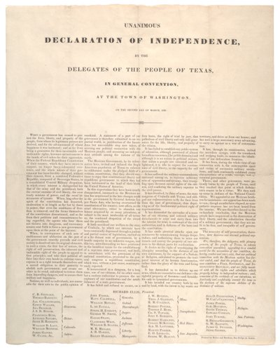 Texas Uafhængighedserklæring: Enstemmig uafhængighedserklæring, trykt af Baker og Bordens, 2. marts 1836 af American School