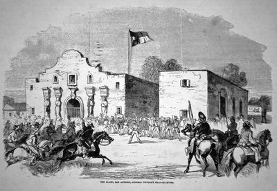 Alamo-fortet i San Antonio, hovedkvarter for forbundsgeneral Twiggs (1790-1862) (litografi) af American School