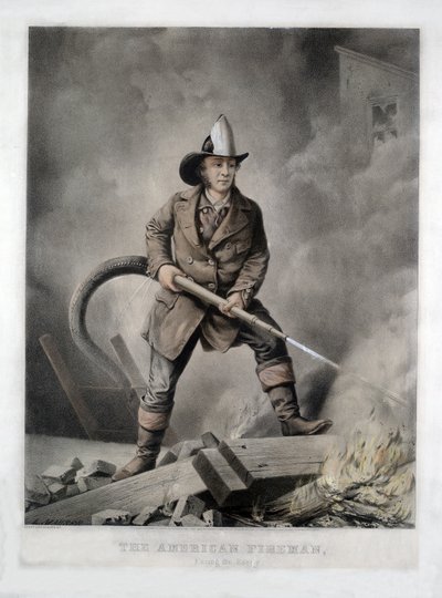 The American Fireman, Facing the Enemy, pub. 1858 (håndfarvet litho) af American School