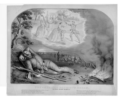 De amerikanske patrioter drømmer, natten før slaget, pub. af Currier & Ives, 1861 af American School