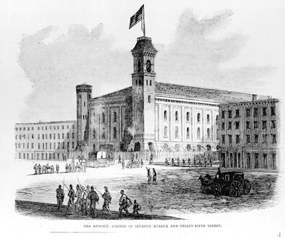 The Armory, Corner of Seventh Avenue og Thirty-Fifth Street, scene fra Draft Riots i New York City, 1863 af American School