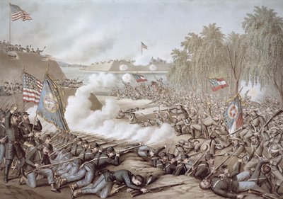 Slaget ved Korinth, 3.-4. oktober 1862, viser flag fra nord og syd, af Kurz & Allison (farve litho) af American School
