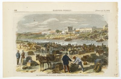 De konfødererede evakuerer Brownsville, Texas, ca. 1864 (håndkoloreret litografi på vævet træmassepapir) af American School